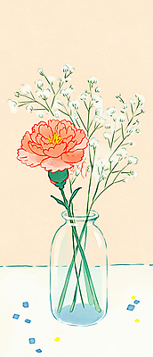 JPG 일러스트 유리병 사람없음 꽃병 카네이션 꽃가루 안개꽃 살구색 정물화 국내일러스트 AI일러스트 AI콘텐츠 꽃 컬러 병_용기 가루 그림 한해살이풀 파일형식