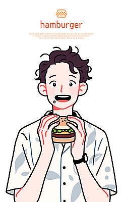 남자 행복 일러스트 한명 미소 상반신 성인 햄버거 먹기 부스러기 성인남자한명만 일러캐릭터 AI파일 캐릭터 1 감정 모션 패스트푸드 표정 사람 남자한명만 성인남자만 파일형식 벡터