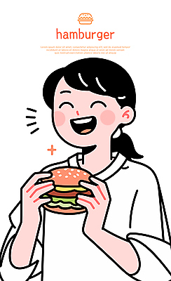 여자 행복 일러스트 한명 웃음 들기 상반신 성인 햄버거 성인여자한명만 일러캐릭터 AI파일 캐릭터 1 감정 모션 패스트푸드 표정 사람 여자한명만 성인여자만 파일형식 벡터