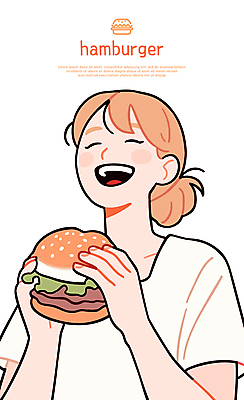여자 행복 일러스트 한명 웃음 들기 상반신 성인 햄버거 성인여자한명만 일러캐릭터 AI파일 캐릭터 1 감정 모션 패스트푸드 표정 사람 여자한명만 성인여자만 파일형식 벡터