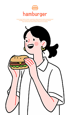 여자 행복 일러스트 한명 미소 들기 상반신 성인 햄버거 먹기 성인여자한명만 일러캐릭터 AI파일 캐릭터 1 감정 모션 패스트푸드 표정 사람 여자한명만 성인여자만 파일형식 벡터