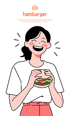 여자 행복 일러스트 한명 웃음 들기 상반신 성인 햄버거 성인여자한명만 일러캐릭터 AI파일 캐릭터 1 감정 모션 패스트푸드 표정 사람 여자한명만 성인여자만 파일형식 벡터