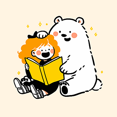 전신 여자 어린이 일러스트 한명 미소 들기 앉기 소녀 책 반짝임 노란색 읽기 곰캐릭터 북극곰 소녀한명만 쓰다듬기 일러캐릭터 AI파일 캐릭터 1 컬러 동물캐릭터 곰 모션 표정 사람 여자한명만 소녀만 파일형식 벡터