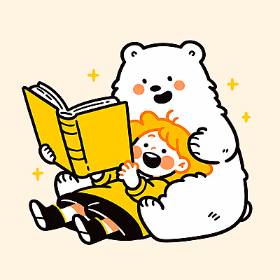 전신 여자 어린이 일러스트 한명 미소 들기 앉기 소녀 책 반짝임 눕기 노란색 읽기 곰캐릭터 북극곰 소녀한명만 일러캐릭터 AI파일 캐릭터 1 컬러 동물캐릭터 곰 모션 표정 사람 여자한명만 소녀만 파일형식 벡터