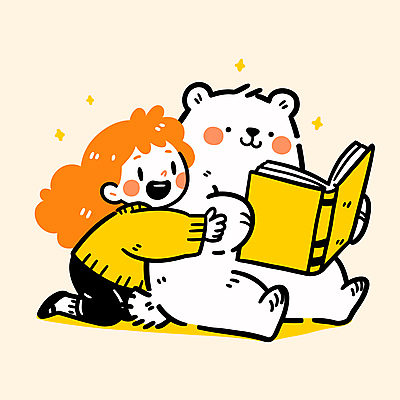전신 여자 어린이 일러스트 안기 한명 미소 들기 앉기 소녀 책 반짝임 노란색 읽기 곰캐릭터 북극곰 소녀한명만 일러캐릭터 AI파일 캐릭터 1 컬러 동물캐릭터 곰 모션 표정 사람 여자한명만 소녀만 파일형식 벡터