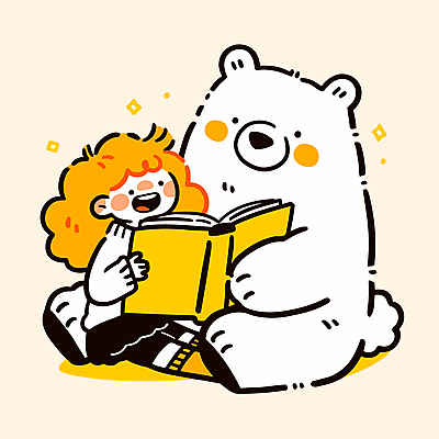 전신 여자 어린이 일러스트 한명 미소 들기 앉기 소녀 책 반짝임 노란색 읽기 곰캐릭터 북극곰 소녀한명만 일러캐릭터 AI파일 캐릭터 1 컬러 동물캐릭터 곰 모션 표정 사람 여자한명만 소녀만 파일형식 벡터