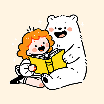 전신 여자 어린이 일러스트 한명 미소 들기 앉기 소녀 책 반짝임 노란색 읽기 곰캐릭터 북극곰 소녀한명만 일러캐릭터 AI파일 캐릭터 1 컬러 동물캐릭터 곰 모션 표정 사람 여자한명만 소녀만 파일형식 벡터