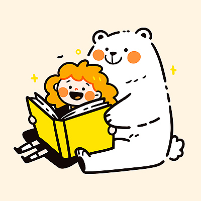 전신 여자 어린이 일러스트 한명 미소 들기 앉기 소녀 책 반짝임 노란색 기댐 읽기 곰캐릭터 북극곰 소녀한명만 일러캐릭터 AI파일 캐릭터 1 컬러 동물캐릭터 곰 모션 표정 사람 여자한명만 소녀만 파일형식 벡터