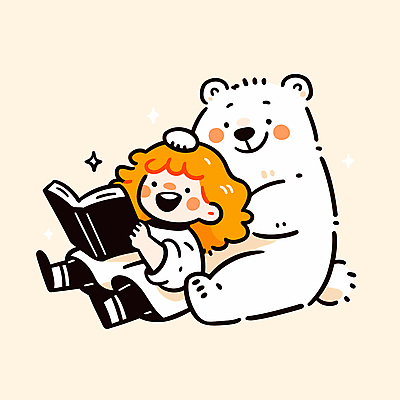 전신 여자 어린이 일러스트 한명 미소 들기 앉기 소녀 책 반짝임 노란색 기댐 읽기 곰캐릭터 북극곰 소녀한명만 쓰다듬기 일러캐릭터 AI파일 캐릭터 1 컬러 동물캐릭터 곰 모션 표정 사람 여자한명만 소녀만 파일형식 벡터