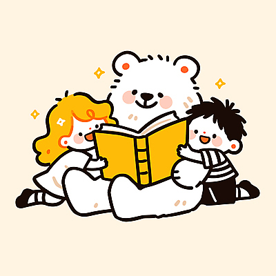 전신 여자 남자 어린이 일러스트 미소 들기 앉기 소녀 소년 두명 책 반짝임 노란색 읽기 곰캐릭터 북극곰 어린이만 일러캐릭터 AI파일 캐릭터 컬러 동물캐릭터 곰 모션 표정 사람 파일형식 벡터