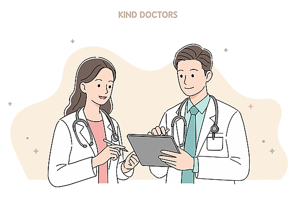 여자 남자 일러스트 청진기 친절 미소 들기 상반신 성인 두명 태블릿 펜 의사 베이지색 성인만 의학캐릭터 일러캐릭터 AI파일 캐릭터 컬러 의료기기 모션 표정 사람 전자제품 스마트기기 필기구 의료진 파일형식 벡터