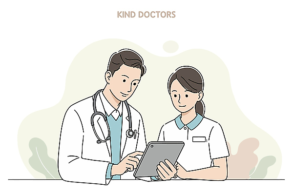 여자 남자 일러스트 청진기 친절 미소 들기 상반신 성인 두명 태블릿 간호사 의사 베이지색 성인만 의학캐릭터 일러캐릭터 AI파일 캐릭터 컬러 의료기기 모션 표정 사람 전자제품 스마트기기 의료진 파일형식 벡터