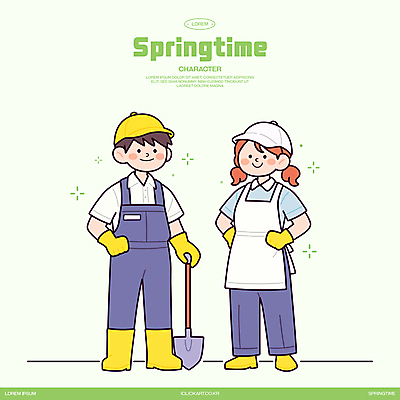 전신 모자 여자 남자 허리손 장갑 일러스트 작업복 장화 미소 성인 두명 연두색 앞치마 잡기 삽 식목일 봄맞이 정원사 성인만 일러캐릭터 AI파일 직업 캐릭터 잡화 옷 기념일 포즈 신발 모션 표정 사람 초록색 봄 파일형식 벡터