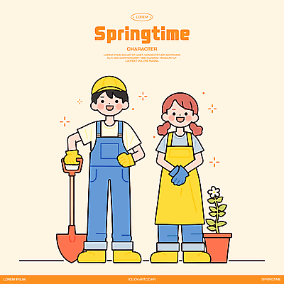 전신 모자 여자 남자 꽃 화분 장갑 잎 일러스트 작업복 장화 미소 성인 두명 손들기 주황색 앞치마 잡기 삽 식목일 손모으기 봄맞이 정원사 성인만 일러캐릭터 AI파일 식물 직업 캐릭터 잡화 옷 기념일 컬러 신발 모션 표정 사람 손짓 봄 파일형식 벡터