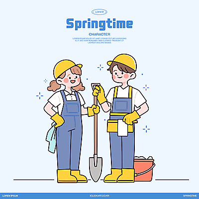 전신 모자 여자 남자 허리손 장갑 하늘색 일러스트 작업복 장화 미소 성인 두명 잡기 삽 식목일 양동이 봄맞이 정원사 성인만 일러캐릭터 AI파일 직업 캐릭터 잡화 옷 기념일 포즈 신발 모션 표정 사람 파란색 봄 파일형식 벡터