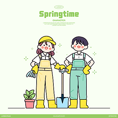 전신 식물 모자 여자 남자 화분 허리손 장갑 일러스트 작업복 장화 미소 성인 두명 연두색 잡기 삽 식목일 봄맞이 정원사 성인만 일러캐릭터 AI파일 직업 캐릭터 잡화 옷 기념일 포즈 신발 모션 표정 사람 초록색 봄 파일형식 벡터