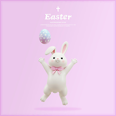 PSD 편집이미지 한마리 리본 기독교 분홍색 사람없음 3D 점프 만세 부활절계란 흰토끼 편집3D 1 종교 컬러 모션 부활절 계란 토끼 디지털합성 파일형식