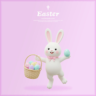 PSD 편집이미지 한마리 리본 기독교 분홍색 들기 사람없음 3D 부활절계란 달걀바구니 흰토끼 편집3D 1 종교 컬러 모션 부활절 바구니 계란 토끼 디지털합성 파일형식