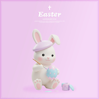 PSD 편집이미지 한마리 기독교 분홍색 들기 앉기 사람없음 3D 물감 붓 색칠 부활절계란 페인트통 베레모 흰토끼 편집3D 모자_잡화 1 종교 컬러 모션 부활절 통 계란 페인트 미술도구 토끼 디지털합성 파일형식