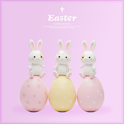PSD 편집이미지 기독교 분홍색 세마리 앉기 사람없음 3D 부활절계란 아기토끼 점박이 흰토끼 편집3D 종교 새끼 컬러 모션 부활절 3 계란 토끼 디지털합성 파일형식