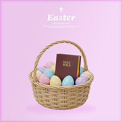 PSD 편집이미지 기독교 분홍색 사람없음 3D 성경 부활절계란 달걀바구니 편집3D 종교 컬러 종교용품 부활절 바구니 계란 디지털합성 파일형식