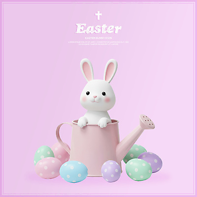 PSD 편집이미지 한마리 기독교 분홍색 사람없음 3D 물뿌리개 부활절계란 흰토끼 편집3D 1 종교 컬러 부활절 계란 토끼 디지털합성 파일형식