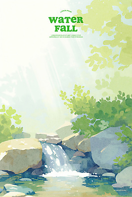 PSD 물결 일러스트 물줄기 사람없음 연두색 햇빛 계곡 폭포 바위 물가 풀 숲속 시원함 풍경화 국내일러스트 식물 자연 풍경 초록색 물 태양 돌_바위 숲 그림 파일형식