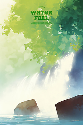 PSD 나무 물결 일러스트 물줄기 사람없음 연두색 햇빛 계곡 폭포 바위 물가 숲속 시원함 풍경화 국내일러스트 식물 자연 풍경 초록색 물 태양 돌_바위 숲 그림 파일형식