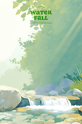 PSD 물결 일러스트 물줄기 사람없음 연두색 햇빛 계곡 폭포 바위 물가 풀 숲속 시원함 풍경화 국내일러스트 식물 자연 풍경 초록색 물 태양 돌_바위 숲 그림 파일형식