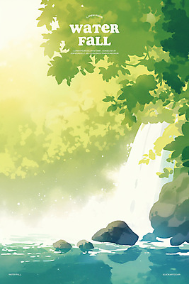 PSD 나무 물결 일러스트 물줄기 사람없음 연두색 햇빛 계곡 폭포 바위 물가 숲속 시원함 풍경화 국내일러스트 식물 자연 풍경 초록색 물 태양 돌_바위 숲 그림 파일형식