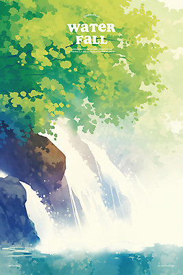 PSD 나무 물결 일러스트 물줄기 사람없음 연두색 햇빛 계곡 폭포 바위 물가 숲속 시원함 풍경화 국내일러스트 식물 자연 풍경 초록색 물 태양 돌_바위 숲 그림 파일형식