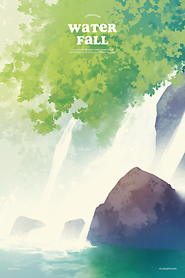 PSD 나무 물결 일러스트 물줄기 사람없음 연두색 햇빛 계곡 폭포 바위 물가 숲속 시원함 풍경화 국내일러스트 식물 자연 풍경 초록색 물 태양 돌_바위 숲 그림 파일형식