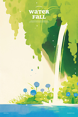 PSD 꽃 물결 일러스트 물줄기 사람없음 연두색 햇빛 계곡 폭포 바위 물가 풀 숲속 시원함 풍경화 국내일러스트 식물 자연 풍경 초록색 물 태양 돌_바위 숲 그림 파일형식