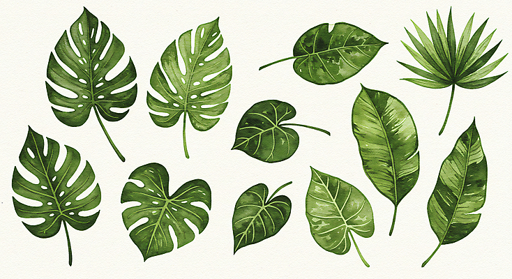 JPG 잎 일러스트 나뭇잎 수채화 사람없음 초록색 배열 몬스테라 보테니컬아트 국내일러스트 AI일러스트 AI콘텐츠 식물 컬러 파일형식