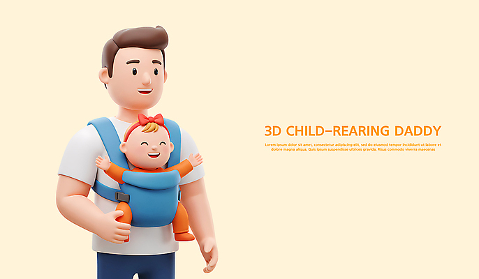 PSD 편집이미지 여자 남자 리본 3D캐릭터 미소 상반신 성인 두명 3D 만세 육아 아기 머리띠 아빠 부녀 아기띠 연노랑색 편집3D 캐릭터 딸 장신구 가족 모션 표정 사람 노란색 아기용품 디지털합성 파일형식