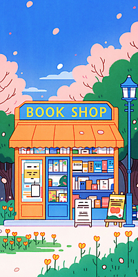 JPG 꽃잎 가로등 일러스트 하늘 사람없음 책 평화 풀잎 벚나무 감성 서점 입간판 차양막 국내일러스트 AI일러스트 AI콘텐츠 나무 공공시설 꽃 컨셉 잎 간판 상점 벚꽃 풀_식물 차양 파일형식