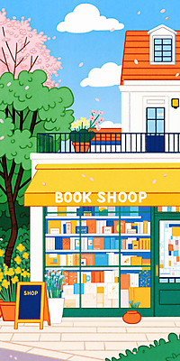 JPG 구름 꽃잎 화분 일러스트 하늘 사람없음 책 평화 풀 벚나무 감성 서점 입간판 차양막 국내일러스트 AI일러스트 AI콘텐츠 자연요소 나무 식물 꽃 컨셉 간판 상점 벚꽃 차양 파일형식