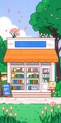 JPG 나무 구름 꽃잎 일러스트 하늘 사람없음 책 평화 풀 감성 서점 입간판 차양막 국내일러스트 AI일러스트 AI콘텐츠 자연요소 식물 꽃 컨셉 간판 상점 차양 파일형식