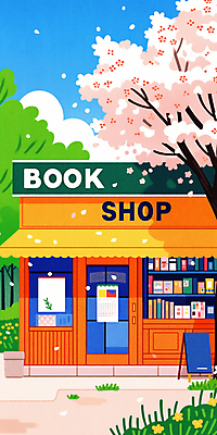 JPG 구름 꽃잎 일러스트 하늘 사람없음 책 평화 풀 벚나무 감성 서점 입간판 차양막 국내일러스트 AI일러스트 AI콘텐츠 자연요소 나무 식물 꽃 컨셉 간판 상점 벚꽃 차양 파일형식