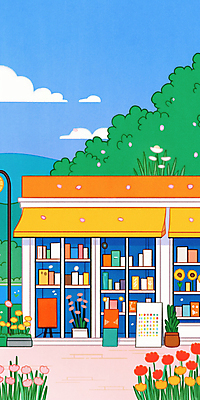 JPG 구름 꽃잎 일러스트 하늘 산 사람없음 책 평화 풀잎 감성 서점 입간판 차양막 국내일러스트 AI일러스트 AI콘텐츠 자연요소 꽃 컨셉 잎 간판 상점 풀_식물 차양 파일형식