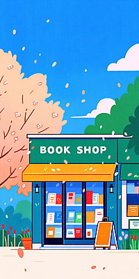 JPG 꽃잎 일러스트 하늘 사람없음 책 평화 풀잎 벚나무 감성 서점 입간판 차양막 국내일러스트 AI일러스트 AI콘텐츠 나무 꽃 컨셉 잎 간판 상점 벚꽃 풀_식물 차양 파일형식