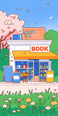 JPG 꽃잎 일러스트 하늘 사람없음 책 평화 풀잎 벚나무 감성 서점 입간판 차양막 국내일러스트 AI일러스트 AI콘텐츠 나무 꽃 컨셉 잎 간판 상점 벚꽃 풀_식물 차양 파일형식