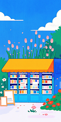 JPG 구름 일러스트 하늘 사람없음 평화 튤립 풀잎 감성 서점 입간판 차양막 국내일러스트 AI일러스트 AI콘텐츠 자연요소 꽃 컨셉 잎 간판 상점 풀_식물 차양 파일형식