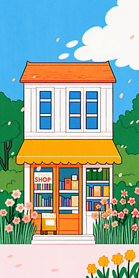 JPG 나무 구름 꽃잎 일러스트 하늘 사람없음 책 평화 풀잎 감성 서점 입간판 차양막 국내일러스트 AI일러스트 AI콘텐츠 자연요소 식물 꽃 컨셉 잎 간판 상점 풀_식물 차양 파일형식