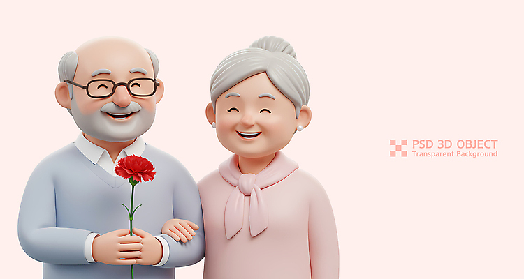 PSD 편집이미지 여자 할아버지 노년 남자 행복 할머니 분홍색 3D캐릭터 미소 들기 상반신 두명 3D 팔짱 교사 어버이날 카네이션 감사 가정의달 노인만 안경낌 편집3D 직업 캐릭터 기념일 꽃 감정 안경 컬러 모션 표정 사람 성인 5월 디지털합성 성인만 파일형식