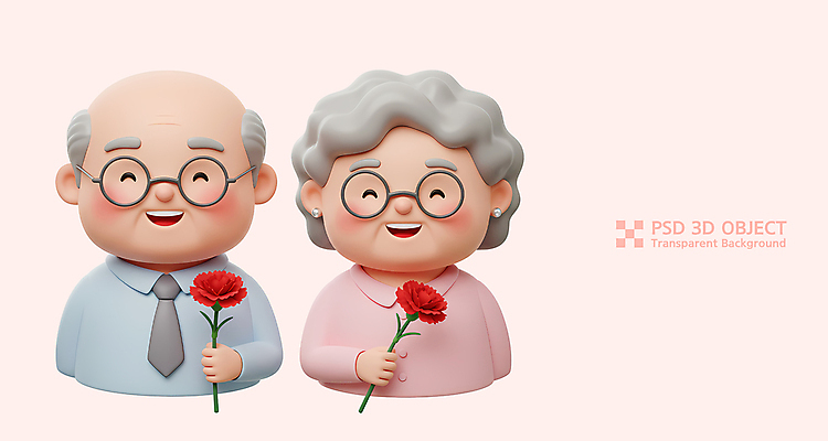 PSD 편집이미지 여자 할아버지 노년 남자 행복 할머니 분홍색 3D캐릭터 미소 들기 상반신 두명 3D 교사 어버이날 카네이션 감사 가정의달 노인만 안경낌 편집3D 직업 캐릭터 기념일 꽃 감정 안경 컬러 모션 표정 사람 성인 5월 디지털합성 성인만 파일형식