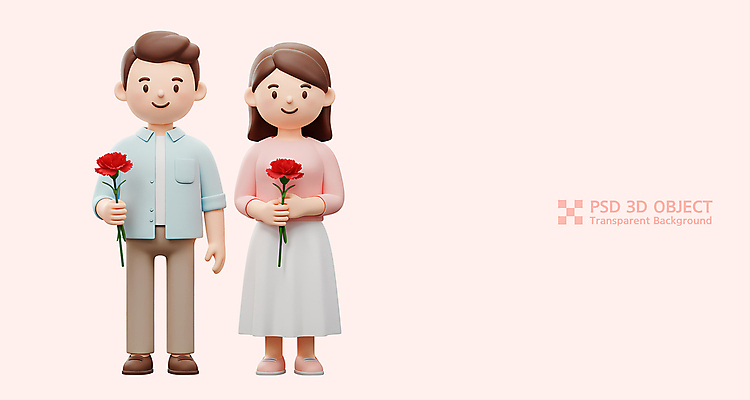 전신 PSD 편집이미지 부부 여자 남자 행복 분홍색 3D캐릭터 미소 들기 성인 두명 부모 3D 어버이날 카네이션 감사 가정의달 성인만 편집3D 캐릭터 커플 기념일 꽃 감정 컬러 가족 모션 표정 사람 5월 디지털합성 파일형식