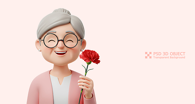 PSD 편집이미지 여자 노년 행복 분홍색 3D캐릭터 한명 미소 들기 상반신 3D 교사 어버이날 카네이션 감사 가정의달 노인여자한명만 안경낌 편집3D 직업 캐릭터 1 기념일 꽃 감정 안경 컬러 모션 표정 사람 성인 5월 디지털합성 여자한명만 노인여자만 파일형식