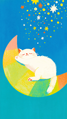 JPG 행복 일러스트 상상 밤하늘 동화 사람없음 파란색 눕기 눈감음 고양이 꿈 초승달 편안함 환상 국내일러스트 수면_잠 AI일러스트 AI콘텐츠 감정 컬러 컨셉 포유류 모션 하늘 반려동물 달 잠 감각 야간 파일형식