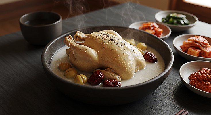 JPG 편집이미지 한국전통 그릇 반찬 김치 사람없음 전통음식 밤 수증기 물컵 대추 삼계탕 나무탁자 편집실사 AI포토 AI콘텐츠 전통 식기 한식 음식 탁자 한국 컵 견과류 CG 보양식 파일형식